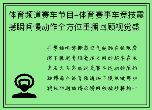 体育频道赛车节目-体育赛事车竞技震撼瞬间慢动作全方位重播回顾视觉盛宴